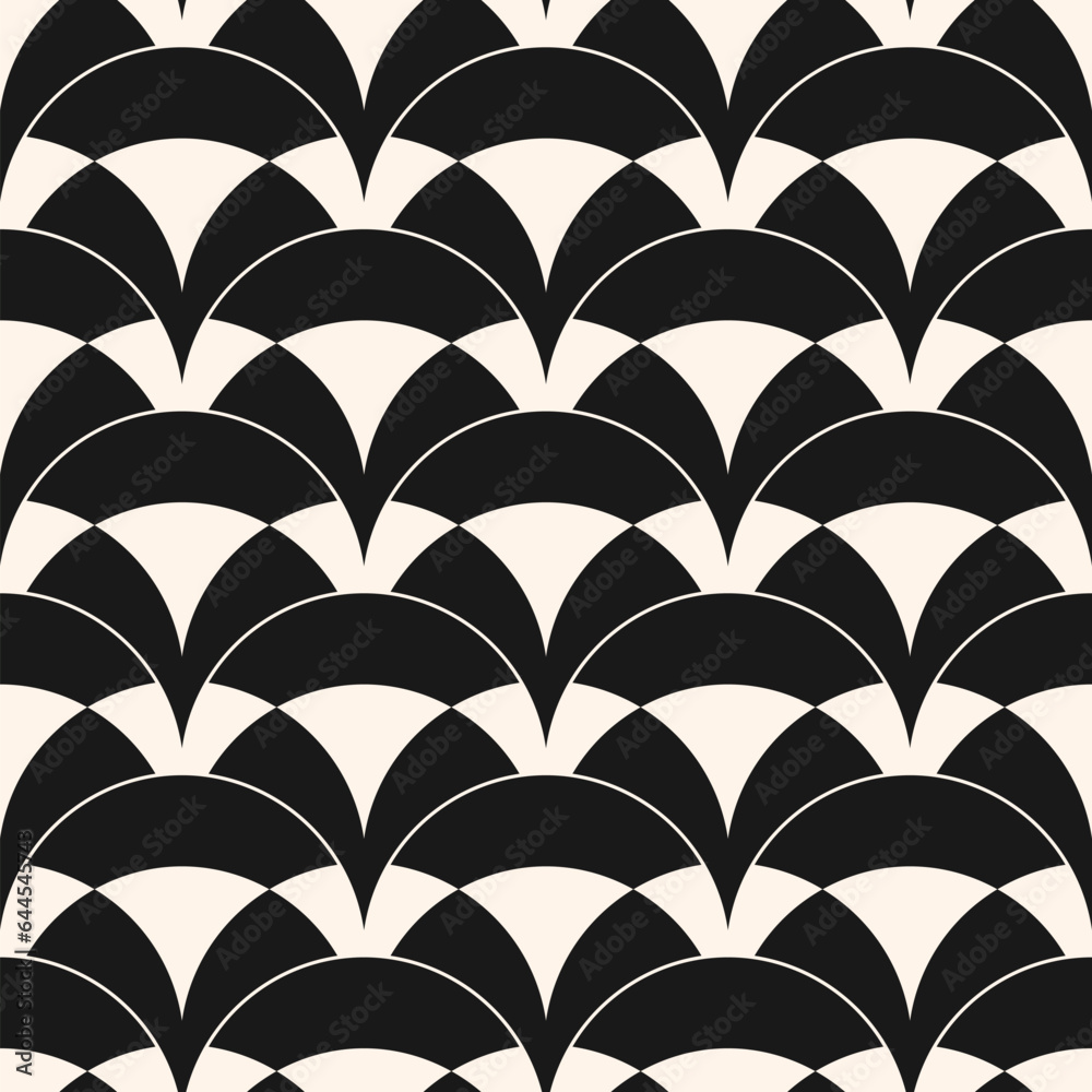 Vector seamless pattern in art deco style. Simple abstract geometric background with curved shapes, wavy lines, peacock ornament, mesh, grid. Black and white texture. Repetitive modern geo design Vector seamless pattern in art deco style. Simple abstract geometric background with curved shapes, wavy lines, peacock ornament, mesh, grid. Black and white texture. Repetitive modern geo design