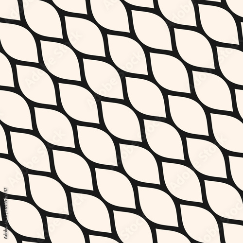 Vector abstract mesh seamless pattern. Simple black and white geometric texture. Monochrome illustration of diagonal wavy net, lattice, grid structure. Endless minimal background. Repeat geo design