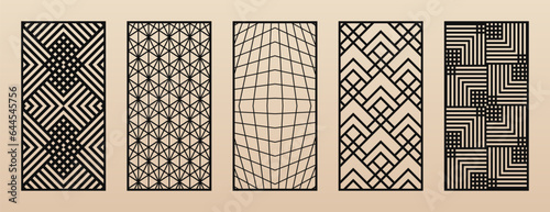 Decorative panels for CNC, laser cutting. Vector set of modern trendy pattern designs with abstract geometric grid, lines, stripes, diamonds, squares. Laser cut patterns collection. Aspect ratio 1:2