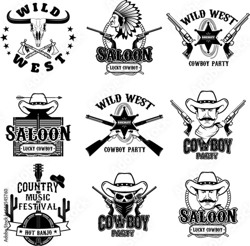Set of cowboy, rodeo, wild west monochrome labels and badges isolated on white background.