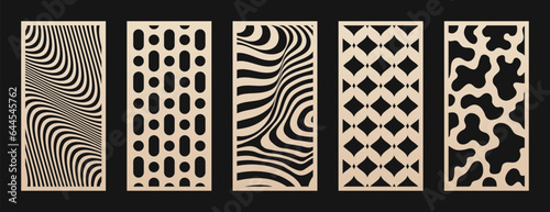 Decorative panels for laser cut, CNC cutting. Cutout silhouette with abstract geometric pattern, wavy lines, organic shapes. Modern vector stencil for cutting of wood, metal, plastic. Aspect ratio 1:2