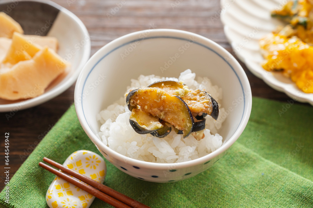 ご飯に乗せた茄子のわさび和え ご飯に乗せた茄子のわさび和え