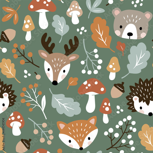 Seamless vector pattern with cute woodland animal heads, mushroom, berry and leaves. Perfect for textile, wallpaper or print design.