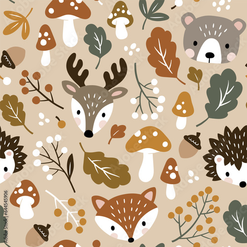 Seamless vector pattern with cute woodland animal heads, mushroom, berry and leaves. Perfect for textile, wallpaper or print design.