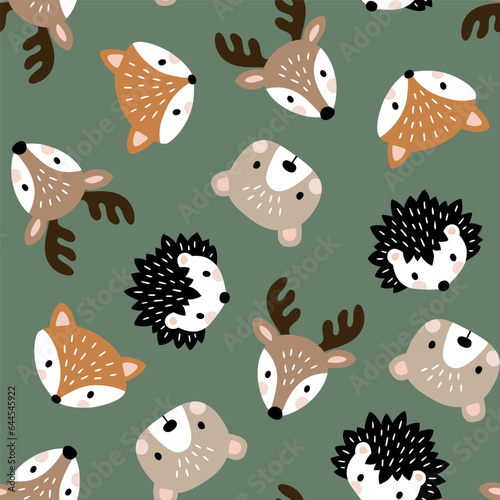 Seamless vector pattern with cute woodland animal heads. Perfect for textile, wallpaper or print design.