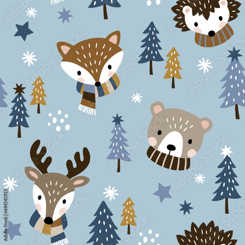 Seamless vector pattern with cute woodland animal heads and snowy Christmas trees. Perfect for textile, wallpaper or print design.