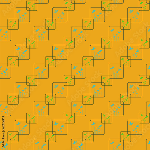 Seamless vintage geometric pattern. Blue and green flowers. Vector texture. fashionable print for textiles, wallpaper and packaging.