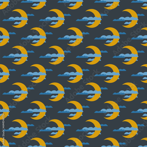 Seamless geometric pattern with golden moon and clouds on dark blue background. Vector print for fabric background, textile