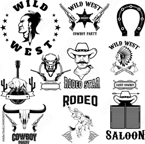 Wild West emblems set. Native americans. Saloon. Country music. Cowboy party. Vector illustration.