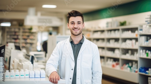 Friendly pharmacist standing behind the counter of a pharmacy. Generative AI © piai