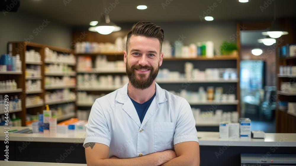 Friendly pharmacist standing behind the counter of a pharmacy. Generative AI Friendly pharmacist standing behind the counter of a pharmacy. Generative AI