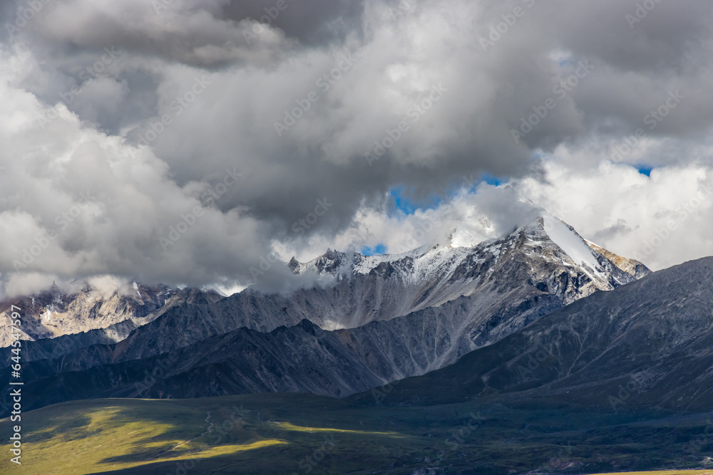 Naklejka premium Dark Clouds HImalayan Mountains and Road to Korala Border between Tibet China and Upper Mustang, Nepal