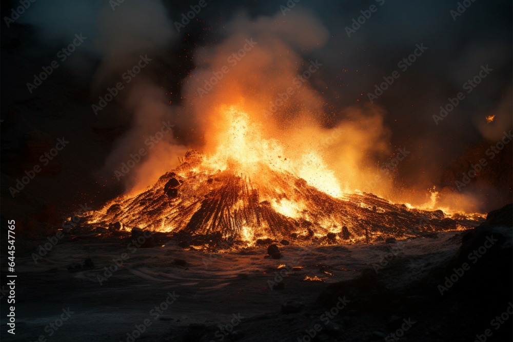 A blazing fire emerges from a massive mound of dirt