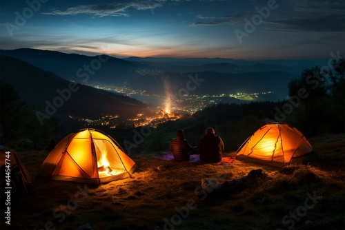 A couple rests by a campfire, their tent glowing under starlight