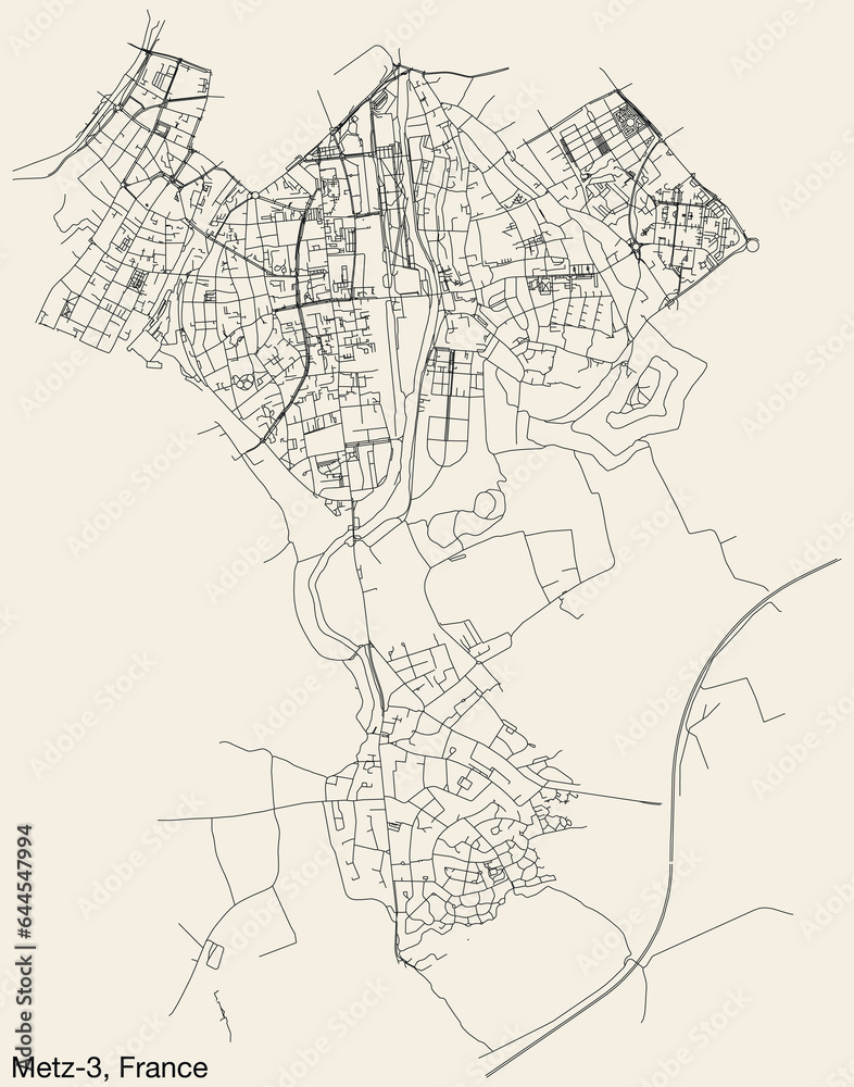 Detailed hand-drawn navigational urban street roads map of the METZ-3 CANTON of the French city of METZ, France with vivid road lines and name tag on solid background