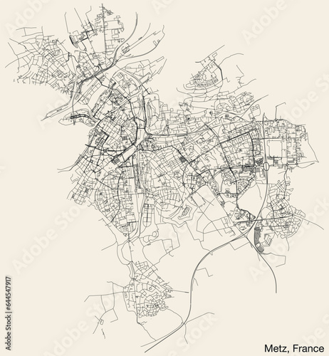 Detailed hand-drawn navigational urban street roads map of the French city of METZ, FRANCE with solid road lines and name tag on vintage background