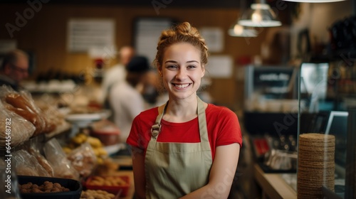 Photo of woman store worker smiles. Retail store.