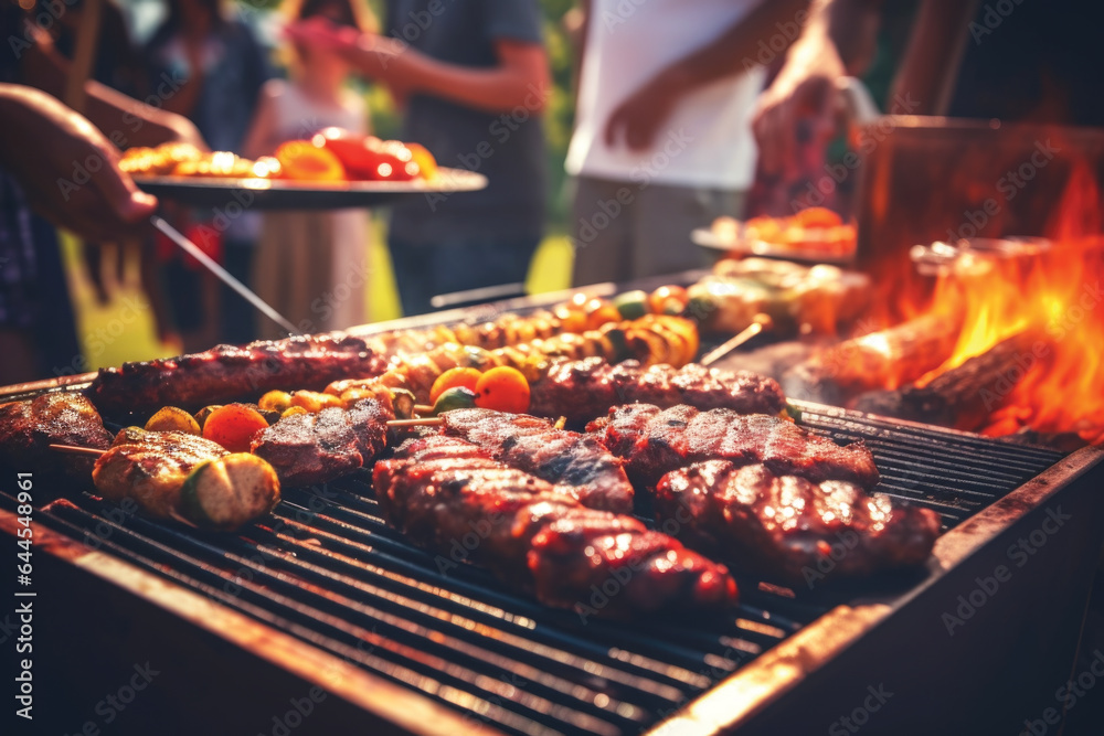 Meat on the grill and group of people in the background 