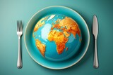 Plate displaying a globe with a fork, set on a blue background