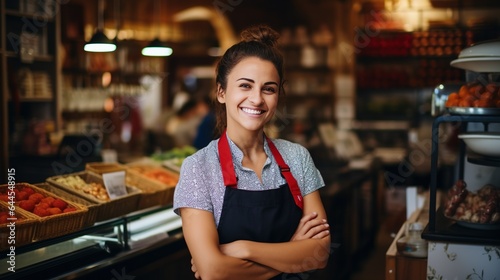 Photo of woman store worker smiles. Retail store.