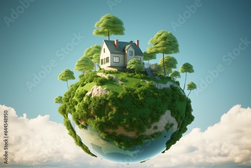 Real estate sale concept House on Earth with lush green grass
