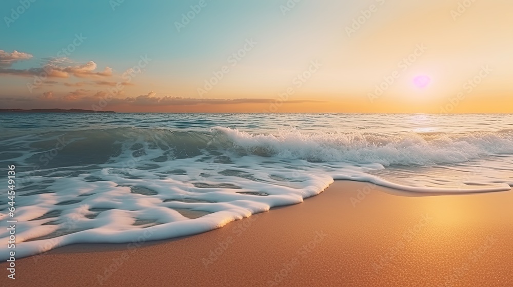 The sandy beach with blur background of sea on sunrise, Print media, Illustration, Banner, for website, copy space, for word, template, presentation.