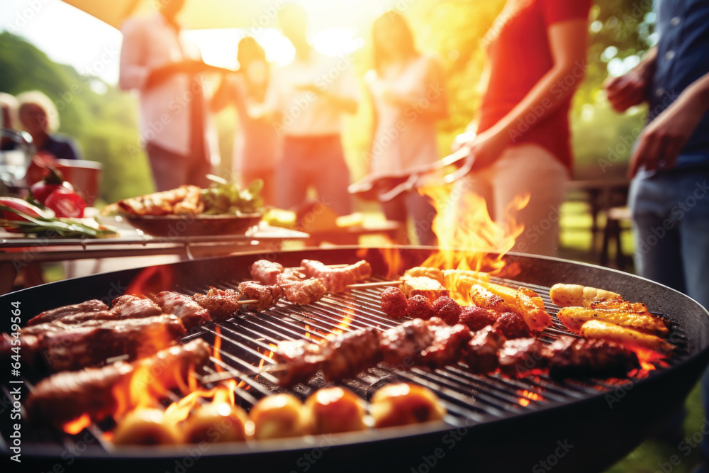 Group of friends and family having party outdoors. Focus on barbecue grill with food.
