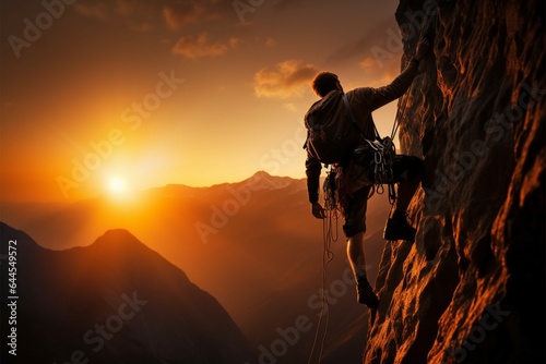 Climber scales a cliff as the sun sets behind them
