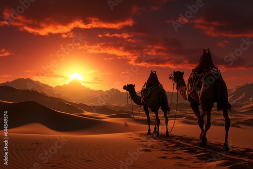 Desert sunrise illuminates a line of camels crossing sandy dunes