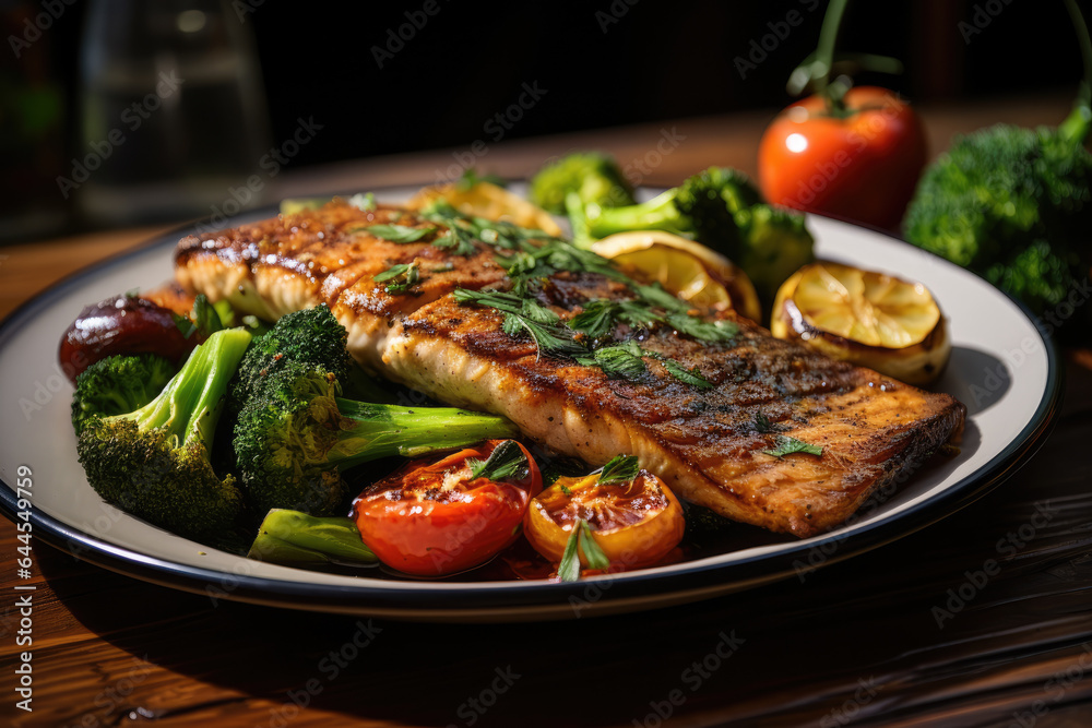 A plate of grilled fish with steamed vegetables, showcasing a wholesome and protein-rich meal option. Generative Ai. A plate of grilled fish with steamed vegetables, showcasing a wholesome and protein-rich meal option. Generative Ai.
