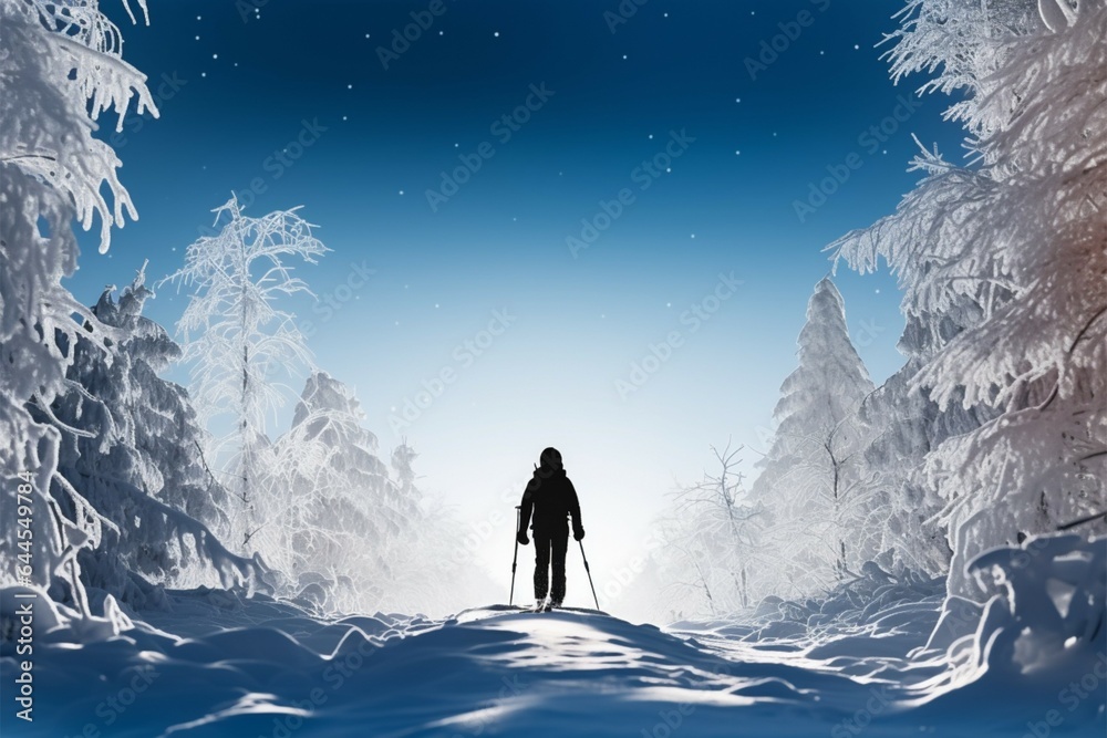 Man skis gracefully amid snow covered woodland, a serene wintertime escape Man skis gracefully amid snow covered woodland, a serene wintertime escape