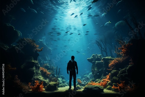 In awe, a man stands before a massive, fish filled aquatic tank
