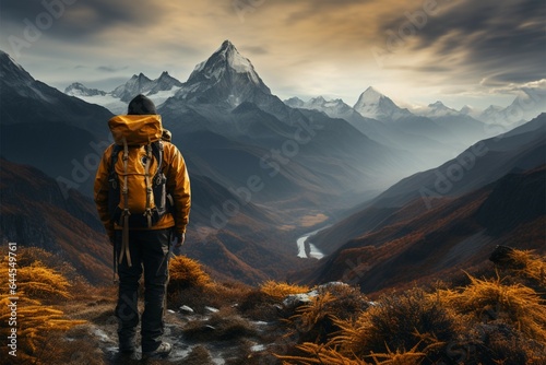 Journey unfolds as a traveler, yellow backpacked, embraces mountain beauty