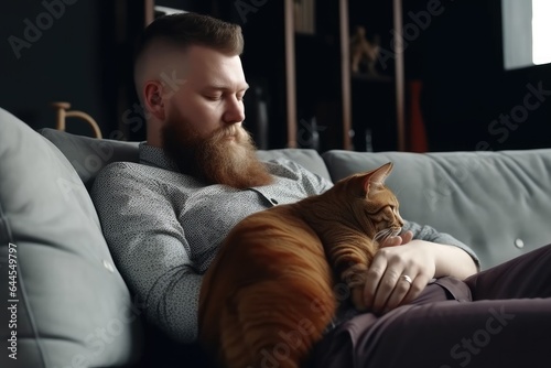 A contented adult male, sitting on a sofa at home, shares a heartwarming moment with his adorable pet cat.