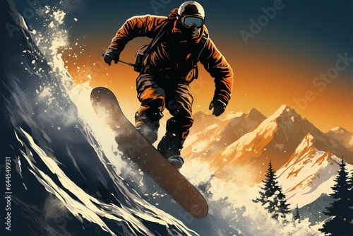 Poster captures the exhilaration of a snowboarder jumping amidst mountains