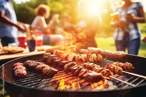 Group of friends and family having party outdoors. Focus on barbecue grill with food.