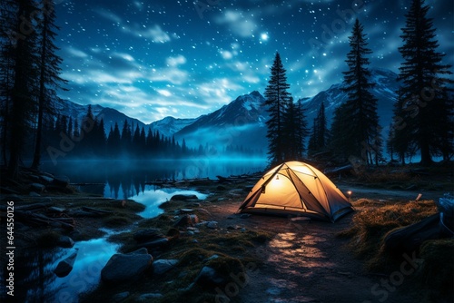Starry forest night a luminous blue tent, sunset painting the backdrop