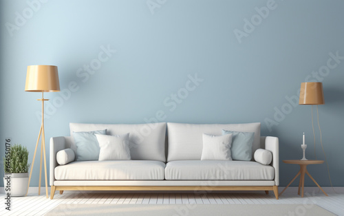 Scandinavian interior of living room concept, light gray sofa with gold lamp on white flooring and blue wall,3d rendering © MUS_GRAPHIC