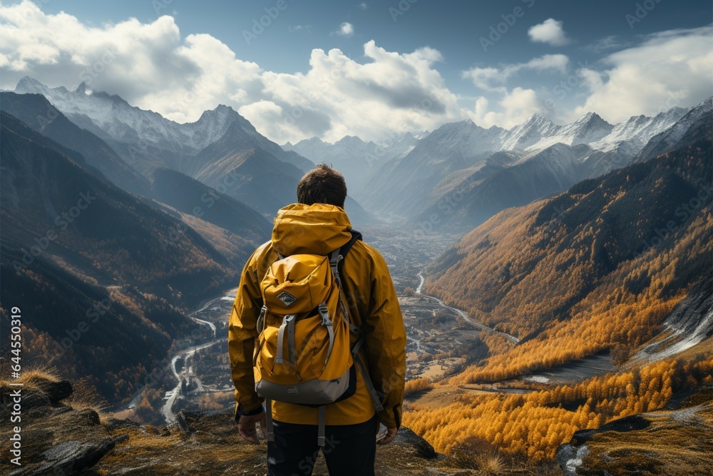 Yellow backpacked adventurer immerses in breathtaking mountain panoramas