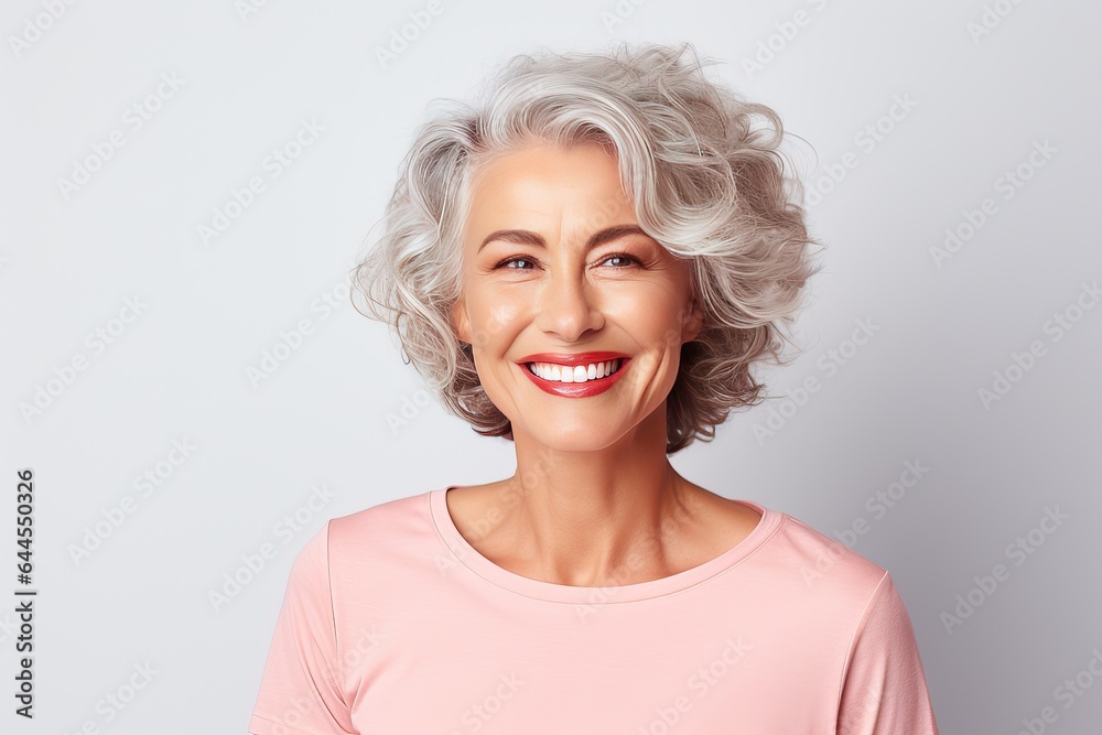 Smiling middle aged Caucasian woman. She radiates health and energy of happiness. Luxurious middle-aged woman with a short gray hairdo looking at camera.