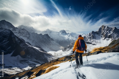 A backpack clad man gazes at a majestic mountain panorama ahead
