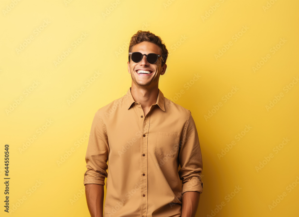 Portrait of a diverse man wearing sunglasses, smiling and posing confidently against a solid yellow backdrop. Portrait of a diverse man wearing sunglasses, smiling and posing confidently against a solid yellow backdrop.