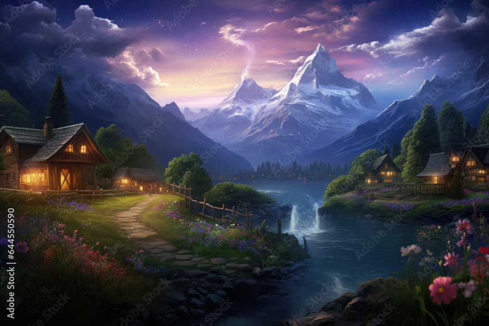 atmosphere at night of the beautiful country of Switzerland, with snowy mountains, lakes and flower fields. full of starlight Moonlight and the Milky Way.