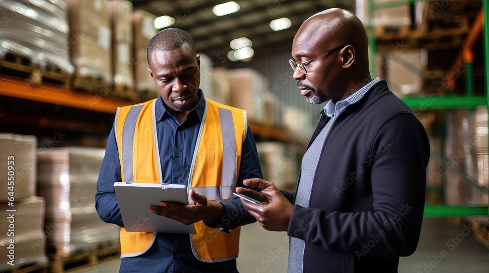 Two middle-aged men stand in a warehouse with papers and discuss statements for the availability of goods.