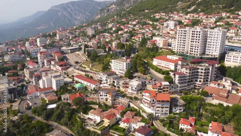 Panoramic aerial drone view of the city from Kruje Castle and its fortress. Albania