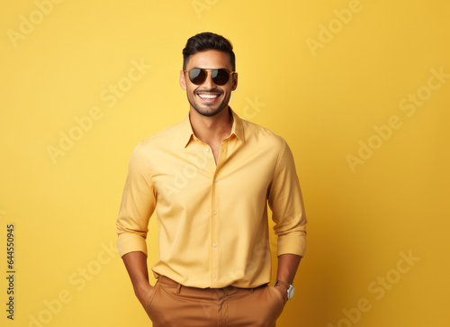 Portrait of a diverse man wearing sunglasses, smiling and posing confidently against a solid yellow backdrop. © Davis Brown