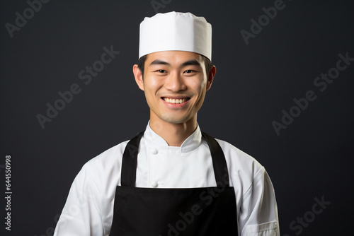 Portrait of a smiling Japanese chef in uniform. A chef, an itamae or master sushi chef wearing white jacket and apron on solid color background.