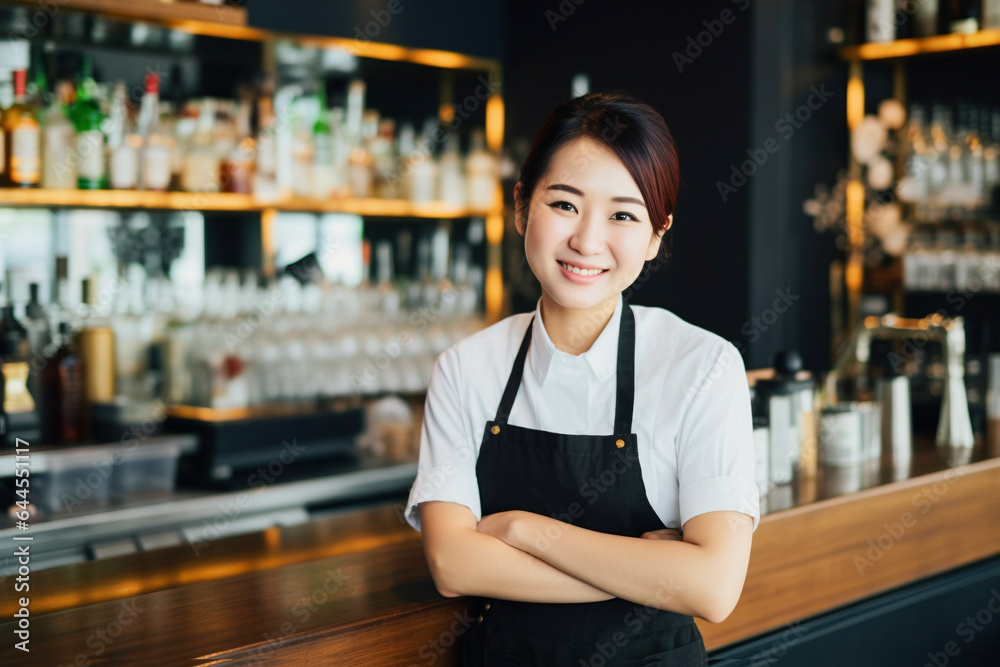 Portrait of happy young Asian woman who works as a bartender at bar. Beautiful waitress or small business owner barista bartender standing at the bar counter in restaurant.