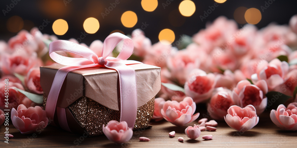 Wunderschöne Geschenke Box mit Blumen in rosa als Hintergrundmotiv im Querformat für Banner, ai generativ Wunderschöne Geschenke Box mit Blumen in rosa als Hintergrundmotiv im Querformat für Banner, ai generativ