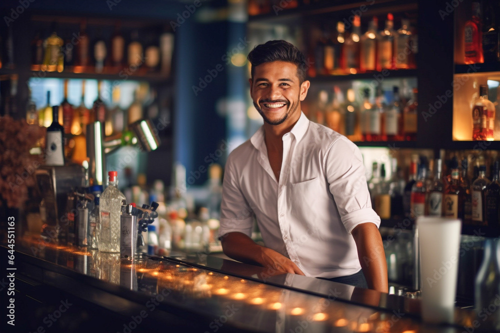 Portrait of happy young man who works as a bartender at bar. Beautiful waiter or small business owner barista bartender standing at the bar counter in restaurant. - obrazy, fototapety, plakaty 